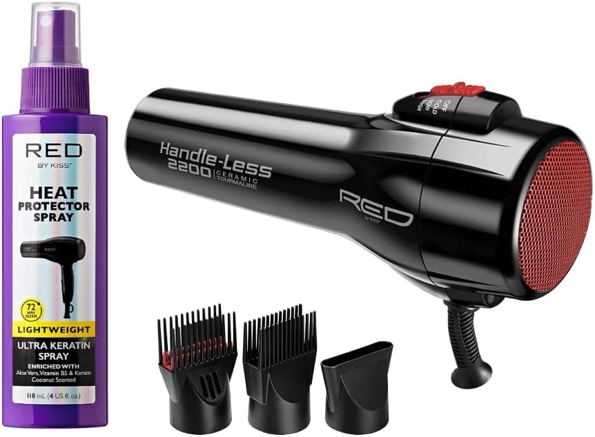 RED by Kiss Handle-Less 2200W Ceramic Tourmaline Hair Dryer with Comb Attachements and Heat Protector Spray