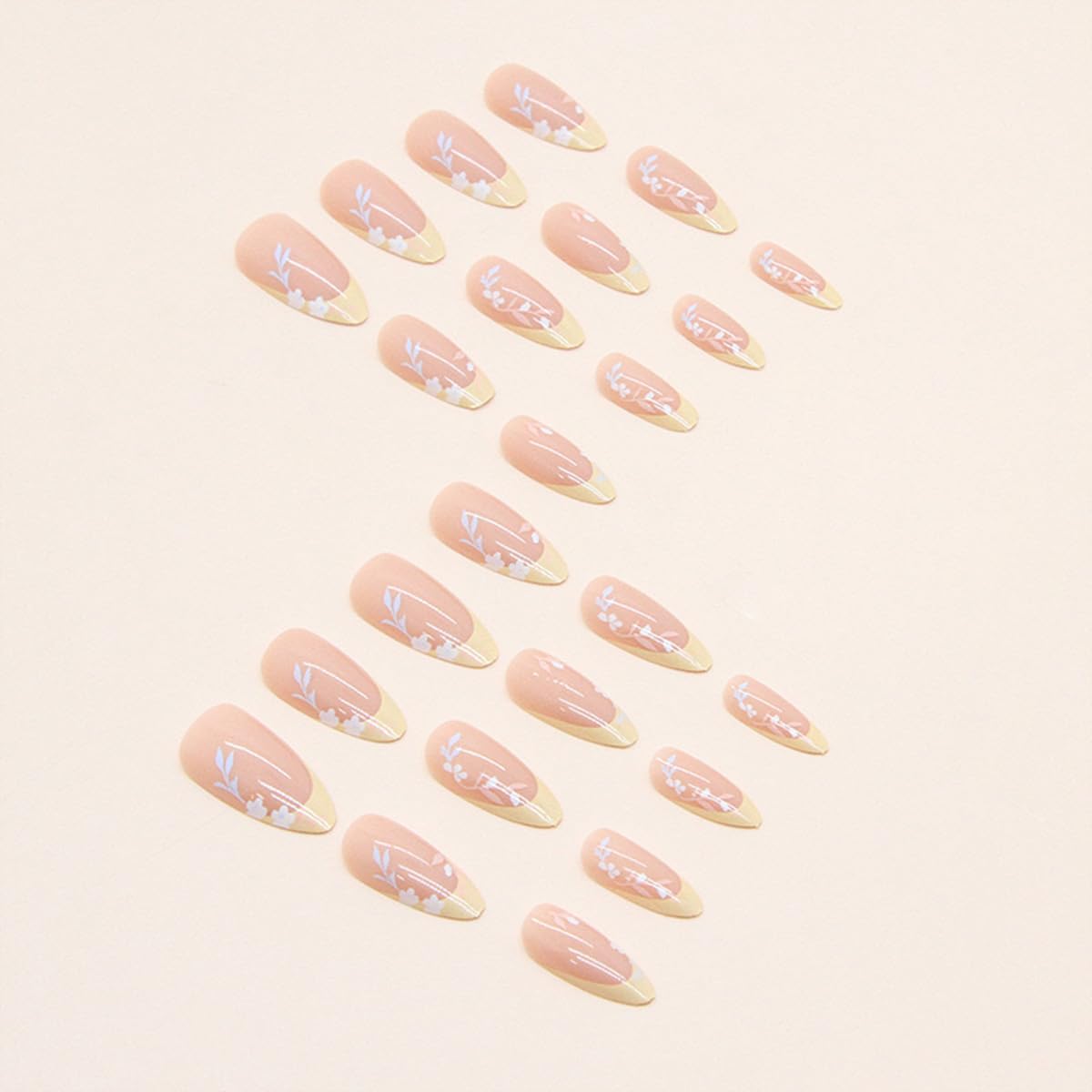 Flower Almond Medium French Tip False Nails with Floral Designs - Glossy Full Cover Acrylic Artificial Cute Stick on Nails for Women - 24pcs - Image 3