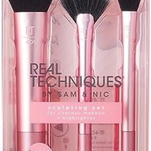 Real Techniques Cruelty Free Sculpting Set, Includes Fan or Setting Brush & Brush Cup, Synthetic Bristles, Pink, 4 Piece