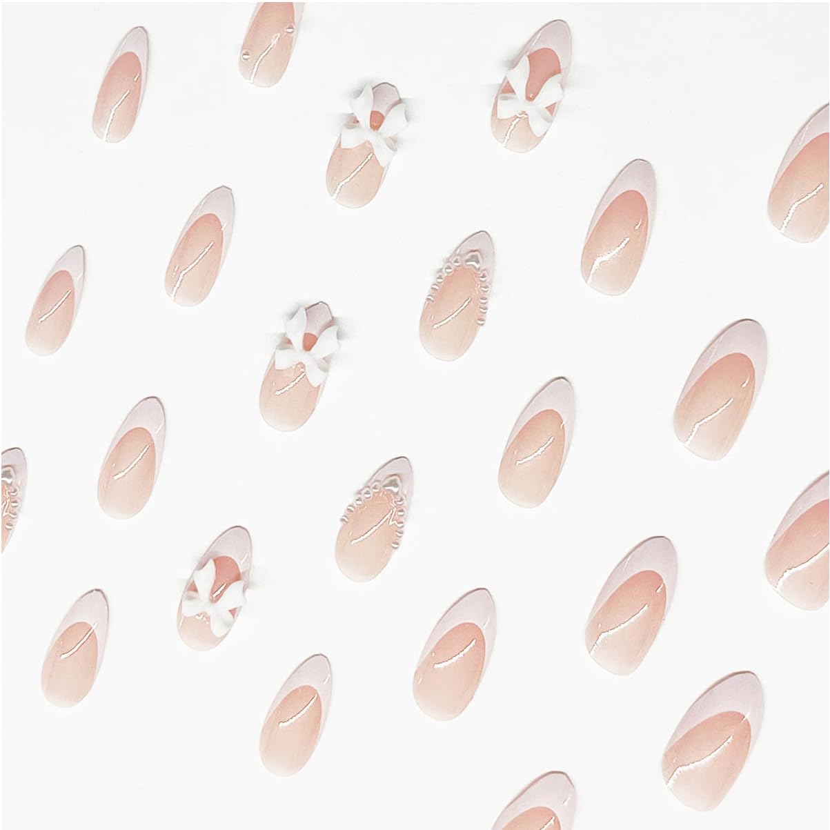 24Pcs Almond Press on Nails French Tips Short Fake Nails with Cute Bow Charms Design French Press on False Nails Nude Pink Acrylic Nails Almond Shaped Artificial Nails for Women Girls Manicure Tip - Image 2