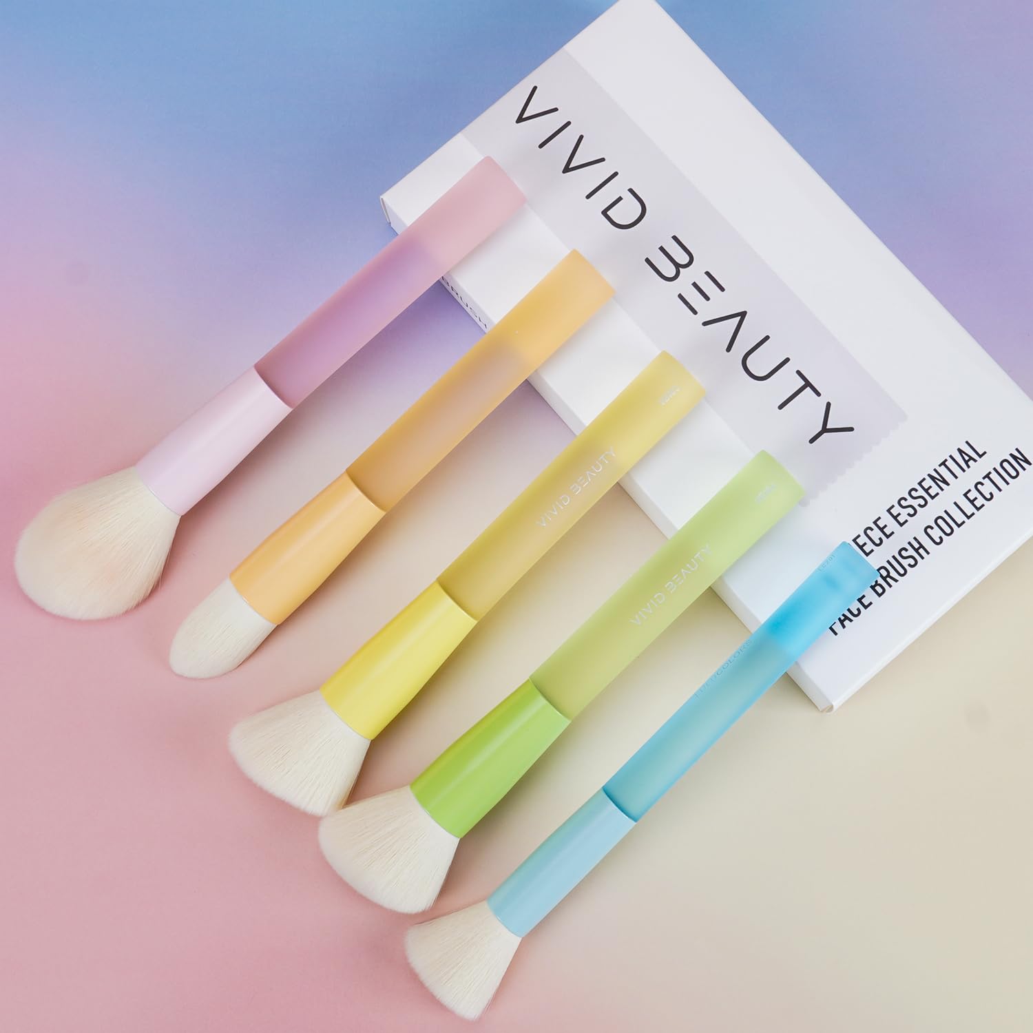 5pcs Multi Color Face Makeup Brush set – Powder, Kabuki, Angled Fluff, Blush Brushes with Vegan Bristles That Mimic Natural Wool – Non-Slip Rubber Handles – Perfect for Contouring, Setting, Blending - Image 4