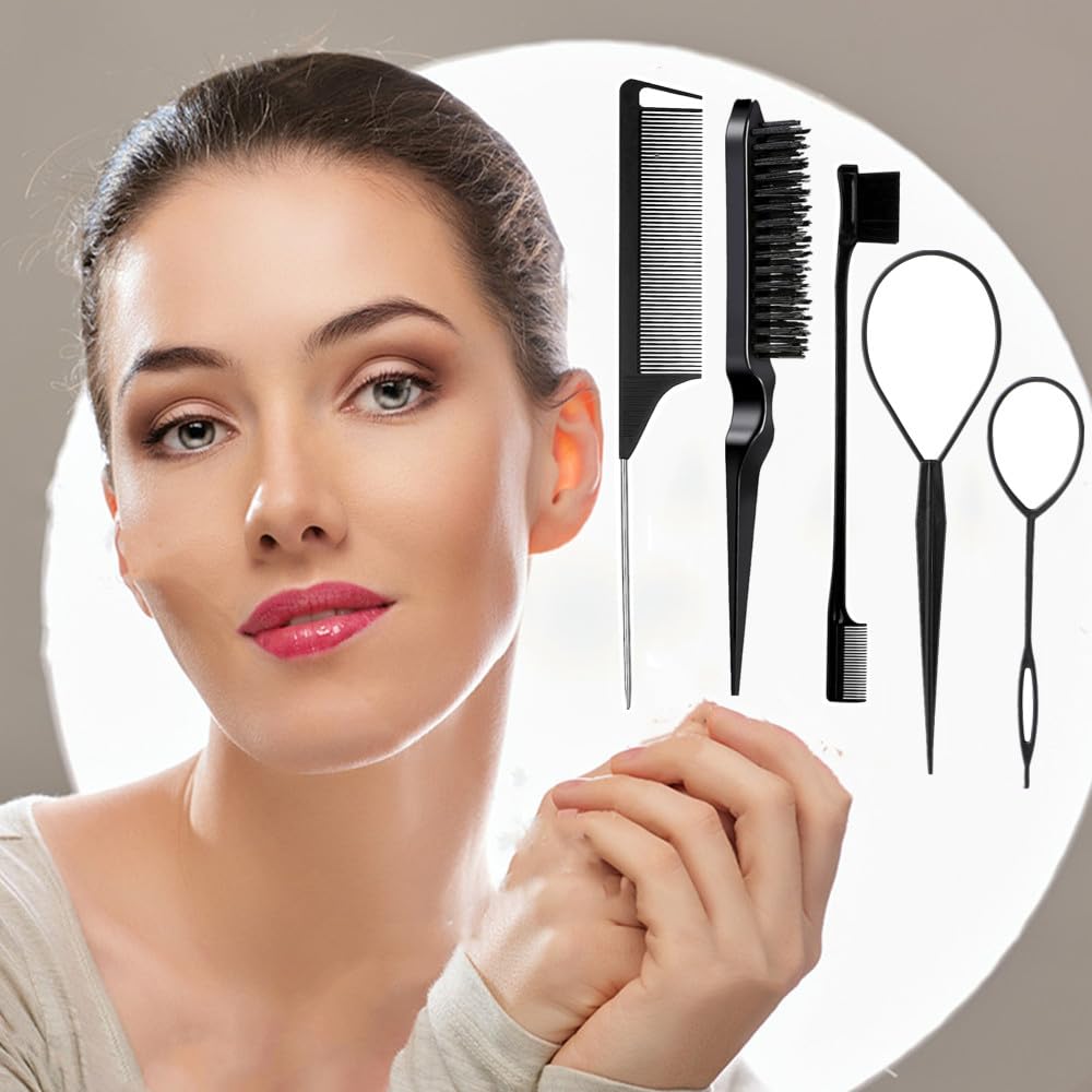 5Pcs Slick Hair Brush Set with 2Pcs Topsy Hair Tail Tool 1Pcs Bristle Teasing Hair Brushes 1Pcs Edge Brush 1Pcs Rat Tail Comb Woman,Girls,Hair Flyaways Styling,Edge&Back Combing biack - Image 2