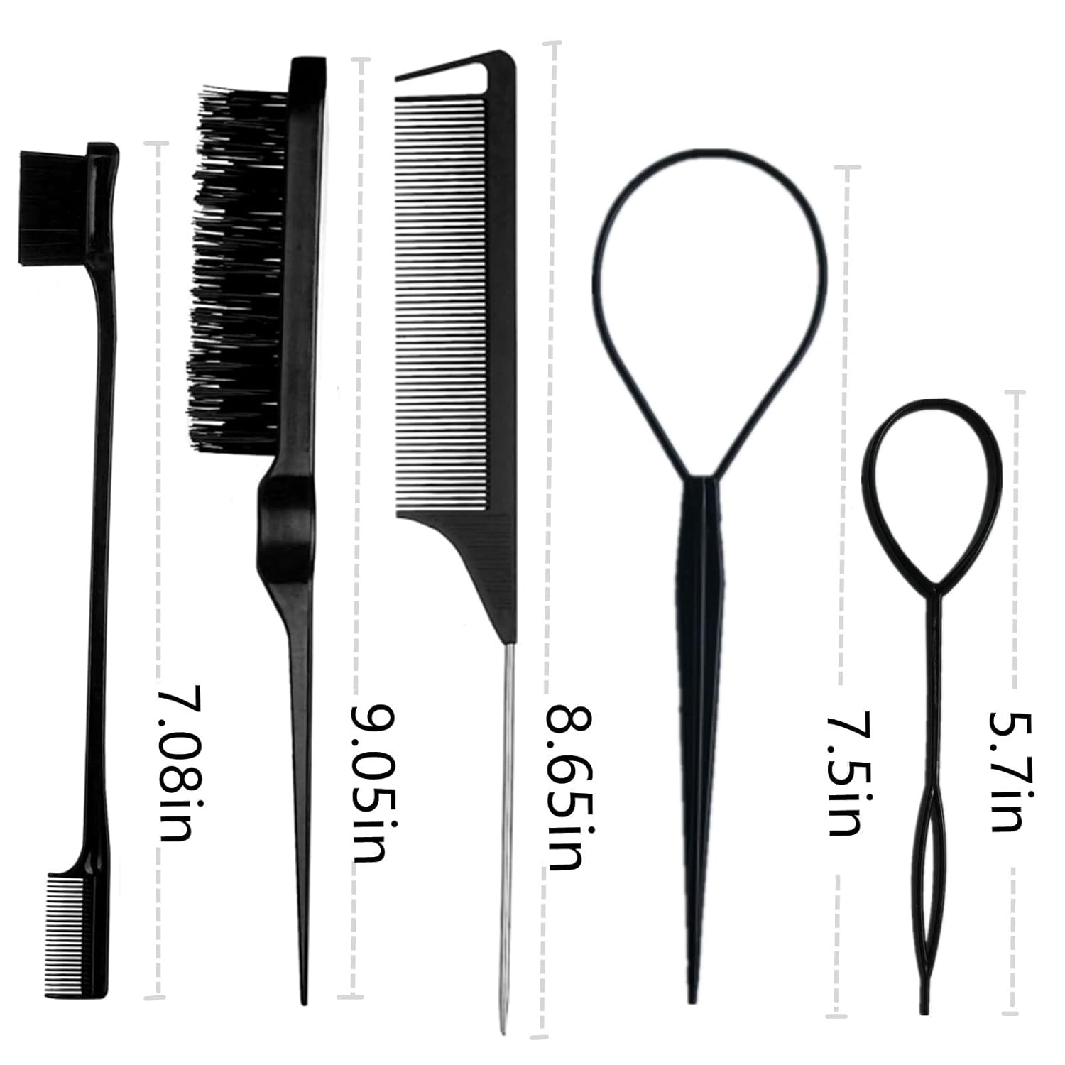 5Pcs Slick Hair Brush Set with 2Pcs Topsy Hair Tail Tool 1Pcs Bristle Teasing Hair Brushes 1Pcs Edge Brush 1Pcs Rat Tail Comb Woman,Girls,Hair Flyaways Styling,Edge&Back Combing biack - Image 7