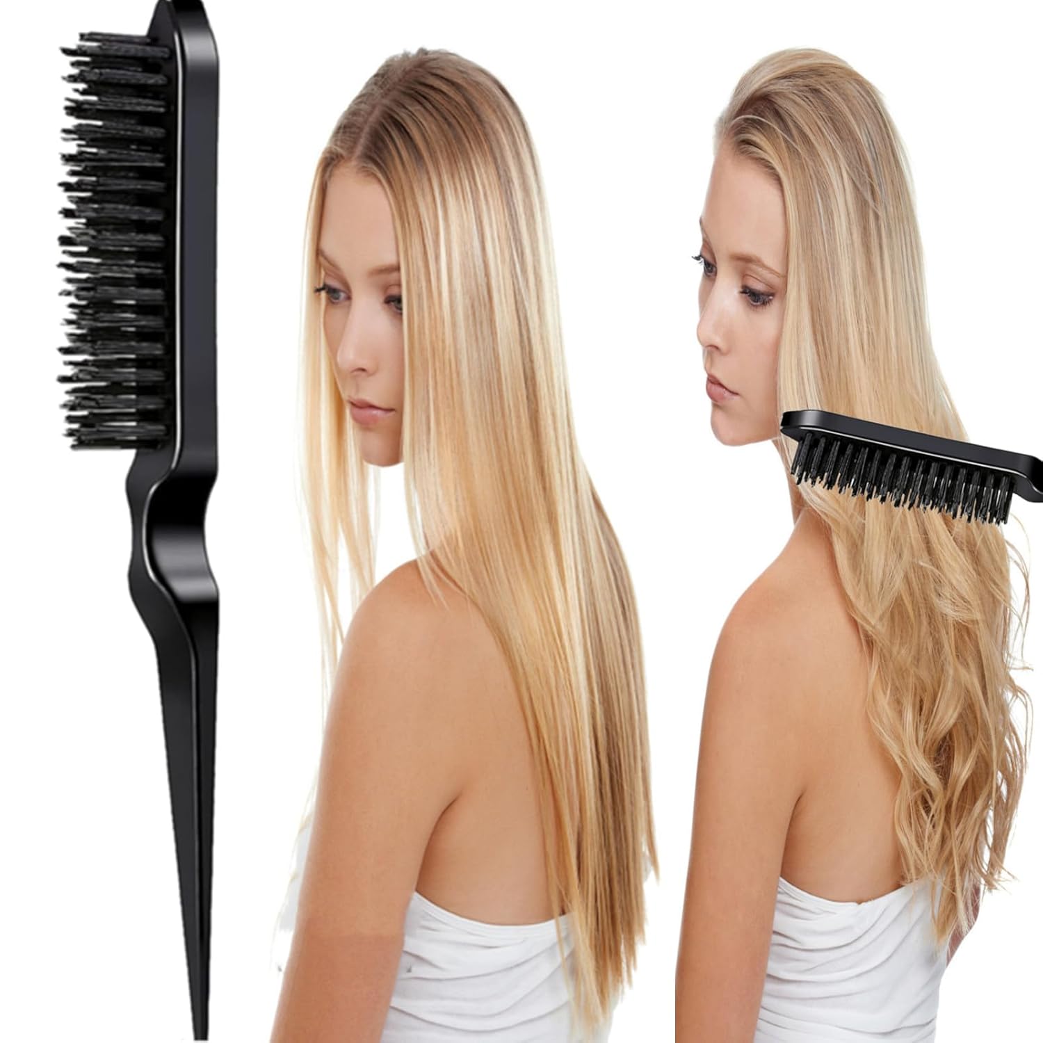 5Pcs Slick Hair Brush Set with 2Pcs Topsy Hair Tail Tool 1Pcs Bristle Teasing Hair Brushes 1Pcs Edge Brush 1Pcs Rat Tail Comb Woman,Girls,Hair Flyaways Styling,Edge&Back Combing biack - Image 4