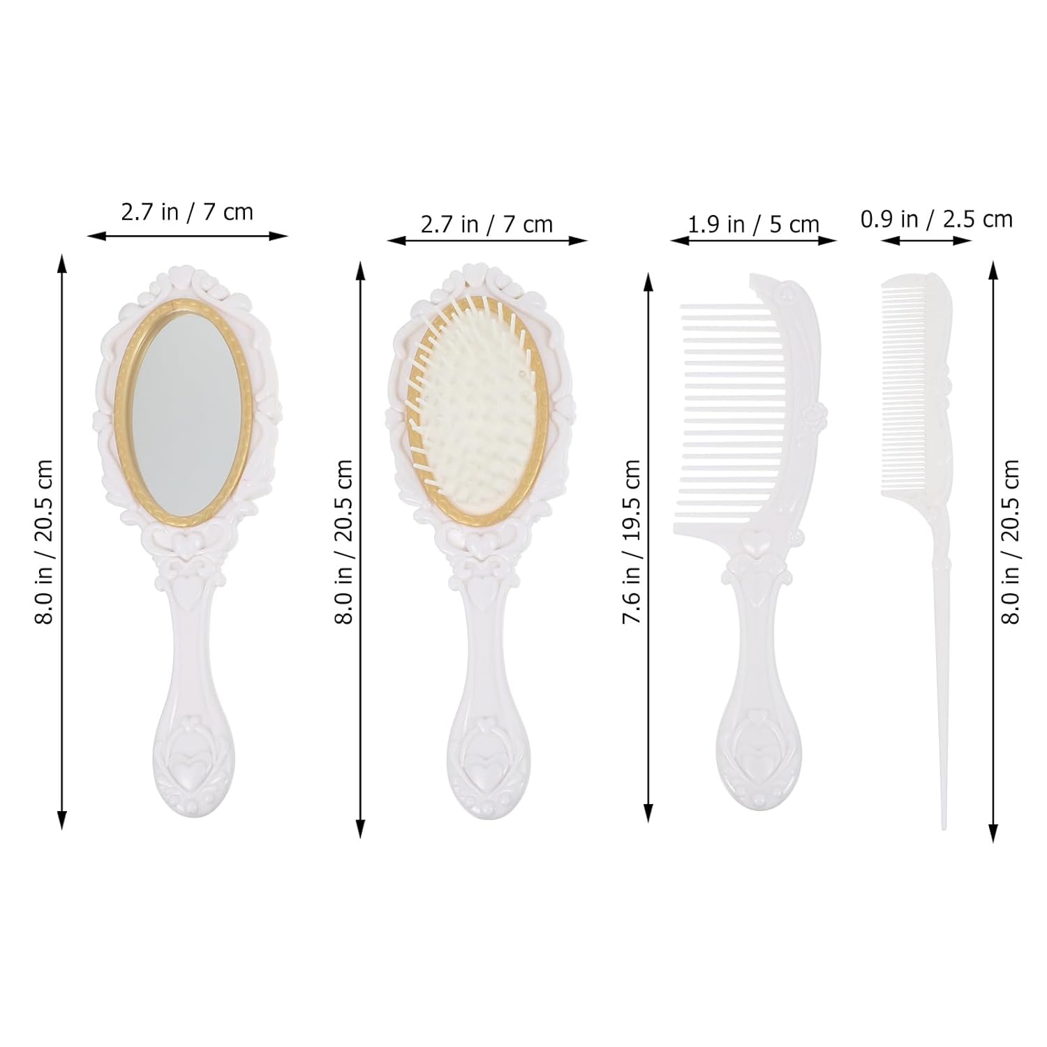 5pcs Vintage Vanity Set with Hand Mirror, Detangling Hair Brush, Rat Tail Comb, and Comb Holder for Makeup (White) - Image 5