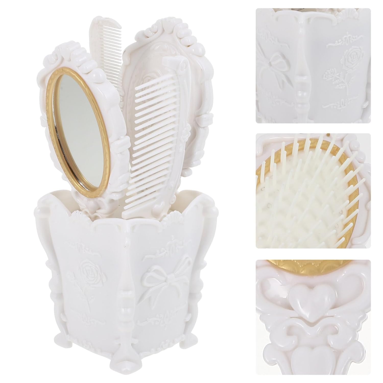 5pcs Vintage Vanity Set with Hand Mirror, Detangling Hair Brush, Rat Tail Comb, and Comb Holder for Makeup (White) - Image 7