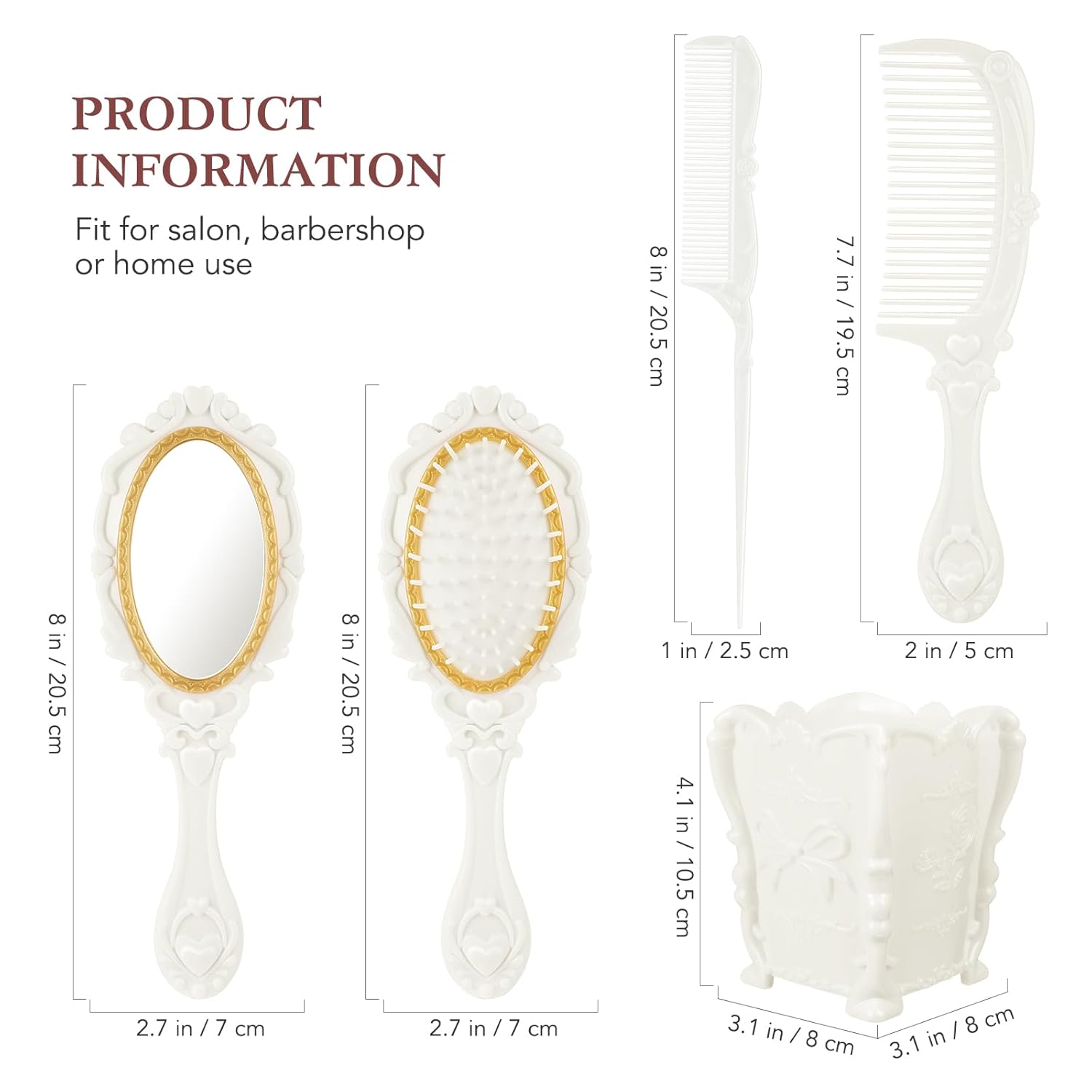 5pcs Vintage Vanity Set with Hand Mirror, Detangling Hair Brush, Rat Tail Comb, and Comb Holder for Makeup (White) - Image 9