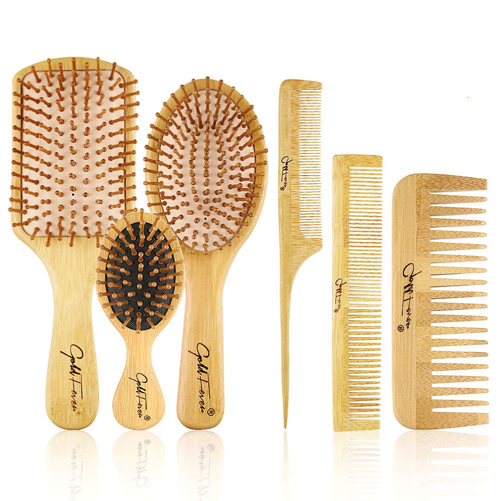 6 in 1 Hair Brush Set for Men & Women: Bamboo Bristle Hairbrush, Tail Comb, Double Head Comb, 3 Air Cushion Massage Brushes for Scalp Massaging