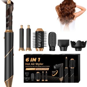 6 in 1 Hair Dryer Brush, Foldable Blow Dryer Brush with Wrap Curler, Detachable Air Hair Styler Curling, Drying,Volumizing, Straightening, Negative Ionic Hair Dryer with Diffuser, Hair Styling Tools