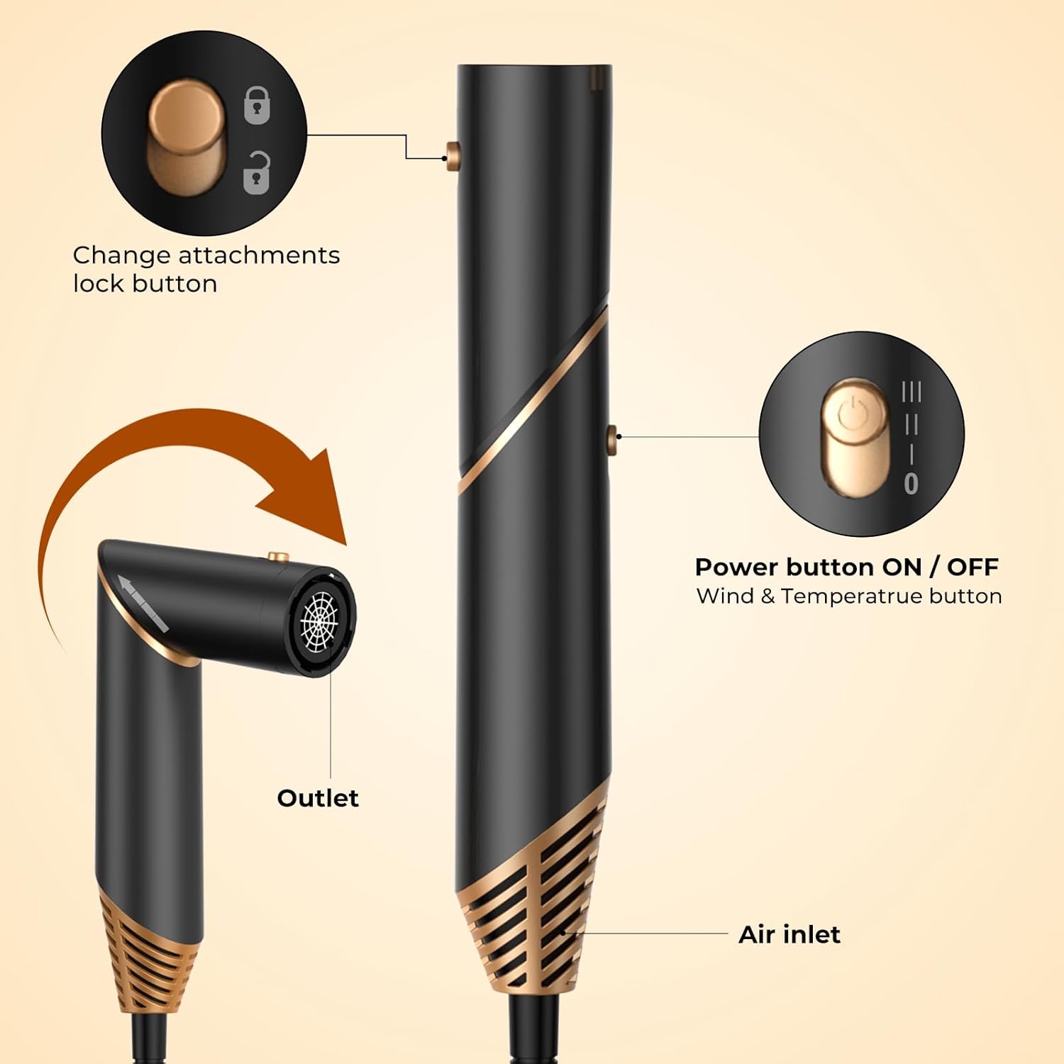 6 in 1 Hair Dryer Brush, Foldable Blow Dryer Brush with Wrap Curler, Detachable Air Hair Styler Curling, Drying,Volumizing, Straightening, Negative Ionic Hair Dryer with Diffuser, Hair Styling Tools - Image 7
