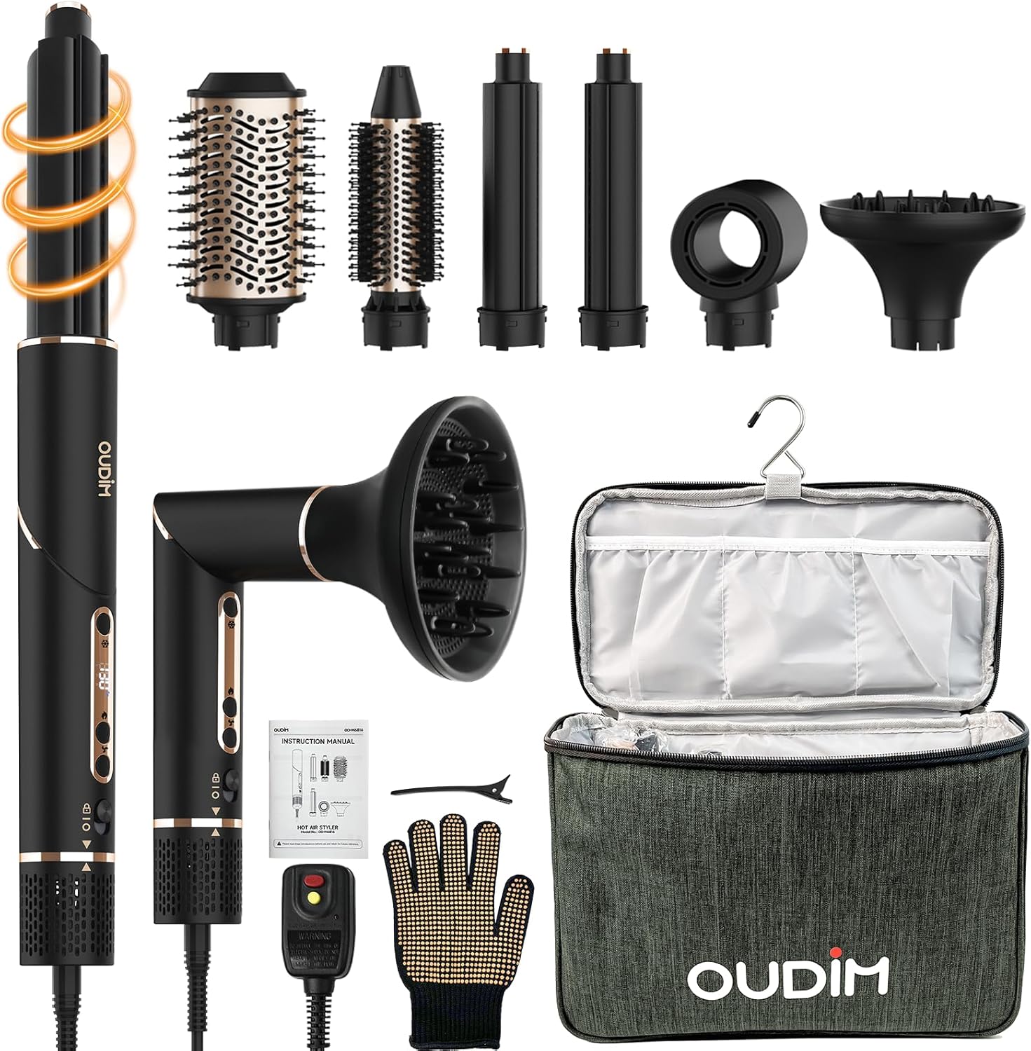 6-in-1 Multi-Functional Hot Air Comb, Interchangeable Brush Head, Negative Ion Hair Dryer Brush and Styler, Brushless Motor with 110000 RPM High-Speed, Rapid Drying, Storage Bag.