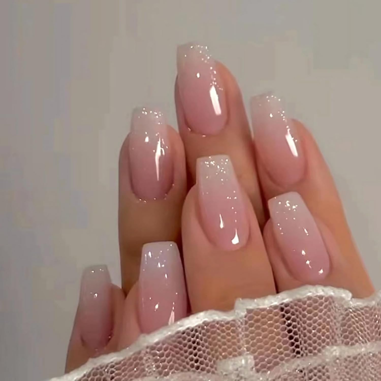 6 Packs (144 Pcs) Press on Nails Medium - Jsiallye Pink Gradient Press on Nails Square Coffin, Glue on with Nail in 12 Sizes - 24 Fake Nails Kit, French Tip Stick on Nails for Women - Image 2