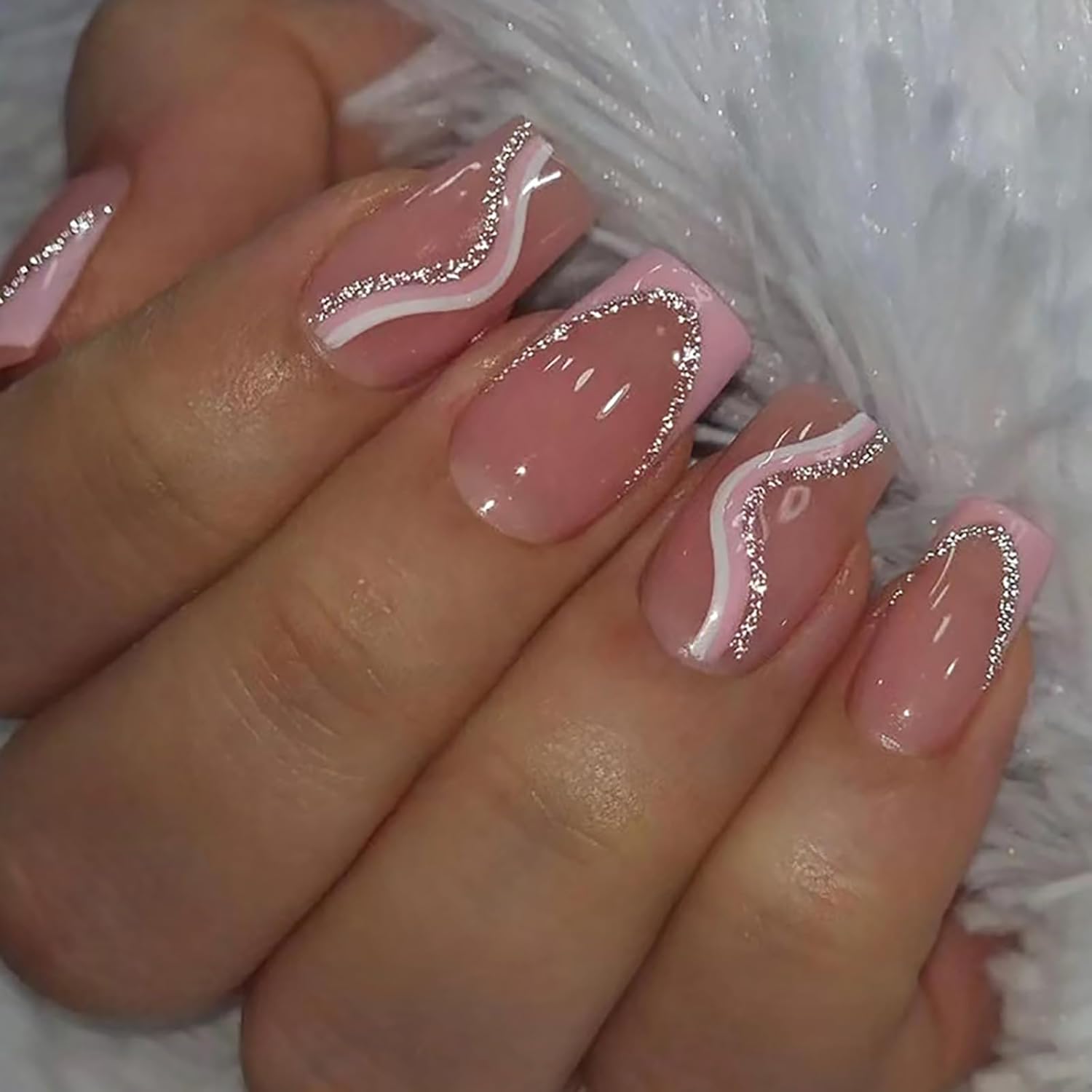 6 Packs (144 Pcs) Press on Nails Medium - Jsiallye Pink Gradient Press on Nails Square Coffin, Glue on with Nail in 12 Sizes - 24 Fake Nails Kit, French Tip Stick on Nails for Women - Image 4