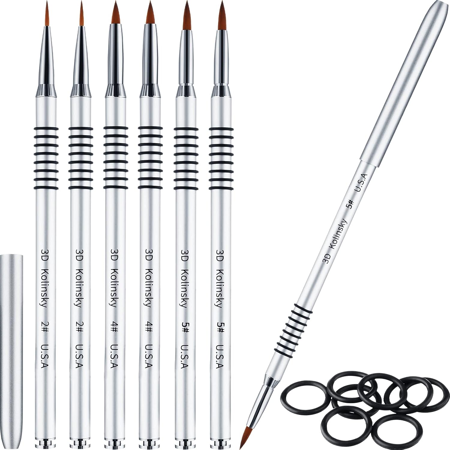 6 Pcs 3D Kolinsky Acrylic Nail Art Brush Set Acrylic Powder Sculpture Painting Brush pen Size 2/4/5 with Silver Metal Nonslip Grip Handle for 3D Nail Art Flower Design
