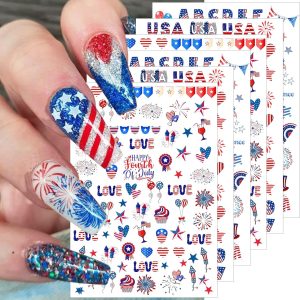 6 Sheets 4th of July Nail Stickers for Nail Art 3D Self Adhesive Independence Day Nail Art Stickers American Flag Stars Letters Fireworks USA Nail Decals Fourth of July Design Sticker for Women
