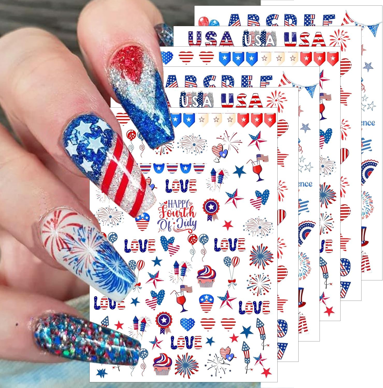 6 Sheets 4th of July Nail Stickers for Nail Art 3D Self Adhesive Independence Day Nail Art Stickers American Flag Stars Letters Fireworks USA Nail Decals Fourth of July Design Sticker for Women