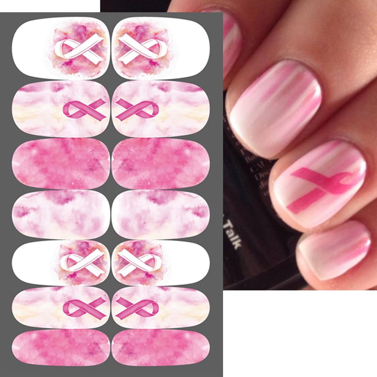 6 Sheets Breast Cancer Awareness Gel Nail Stickers Breast Cancer Nail Polish Stickers Pink Ribbon Nail Wraps for Short Nails Gradient Pink Cute Nails Design Fall Holiday Nail Decals for Women Manicure - Image 3