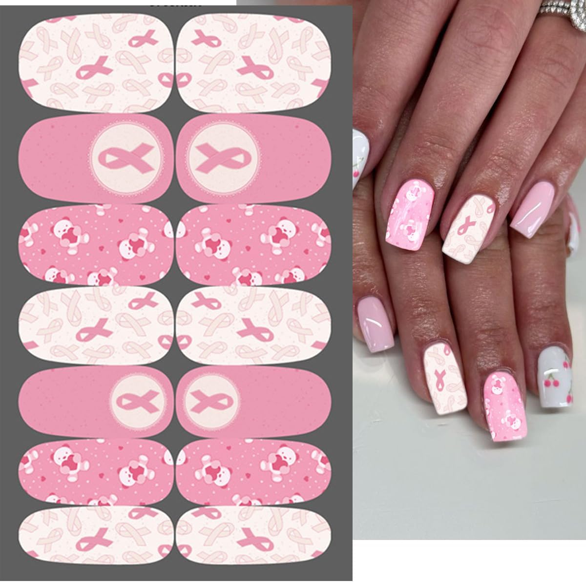 6 Sheets Breast Cancer Awareness Gel Nail Stickers Breast Cancer Nail Polish Stickers Pink Ribbon Nail Wraps for Short Nails Gradient Pink Cute Nails Design Fall Holiday Nail Decals for Women Manicure - Image 4
