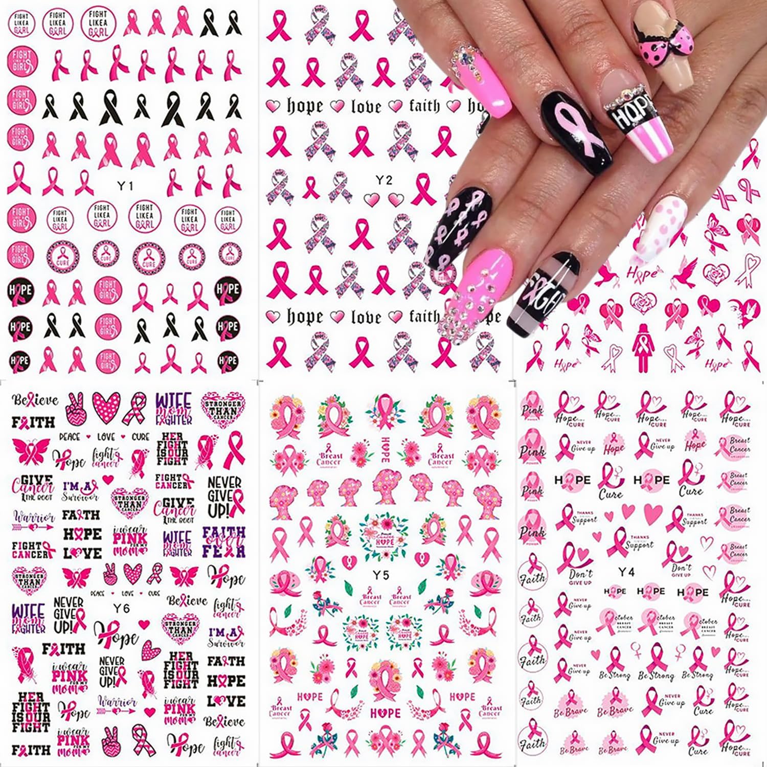 6 Sheets Breast Cancer Nail Art Stickers 3D Self-Adhesive Heart Letter Nail Stickers Pink Ribbon Nail Decals Breast Breast Cancer Nail Design Stickers for Women Girls Acrylic Manicure Salon
