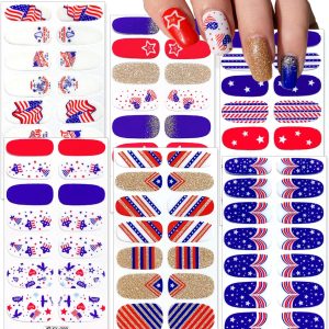 6 Sheets Independence Day Gel Nail Strips 4th of July Patriotic Full Wrap Nail Stickers Semi Cured Gel Nail Polish Wraps Glitter Star Flag Design Gel Nails Decals for Women DIY Salon Manicure