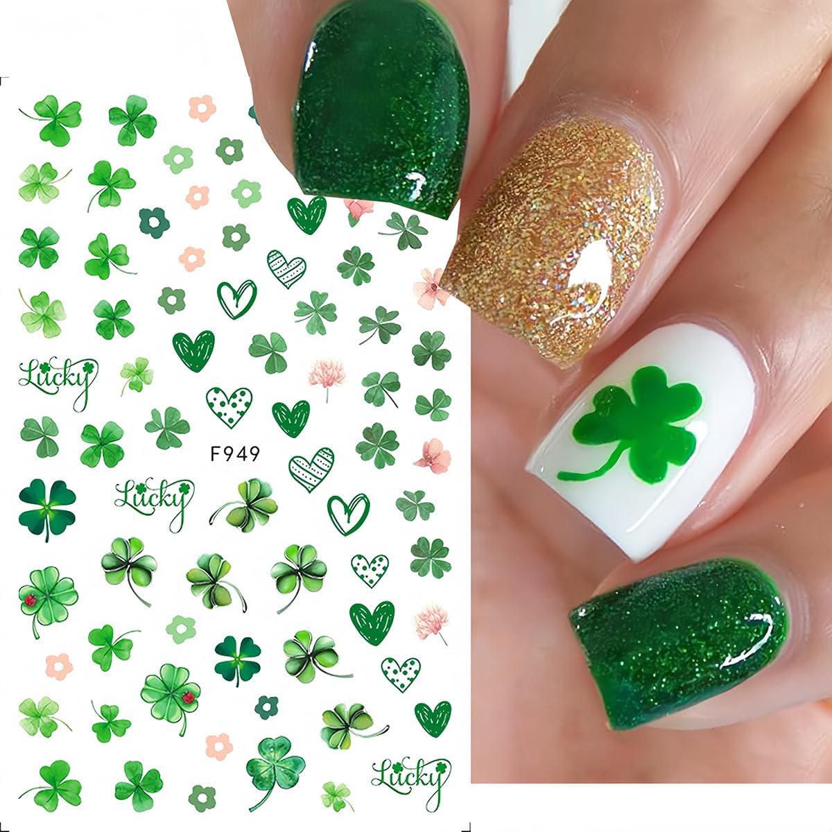 6 Sheets St. Patrick's Day Nail Stickers for Nail Art 3D Self-Adhesive Green Shamrock Nail Decals Four Leaf Clover Nail Sticker Holiday Spring Summer Design Manicure Decor for Women and Girls - Image 2