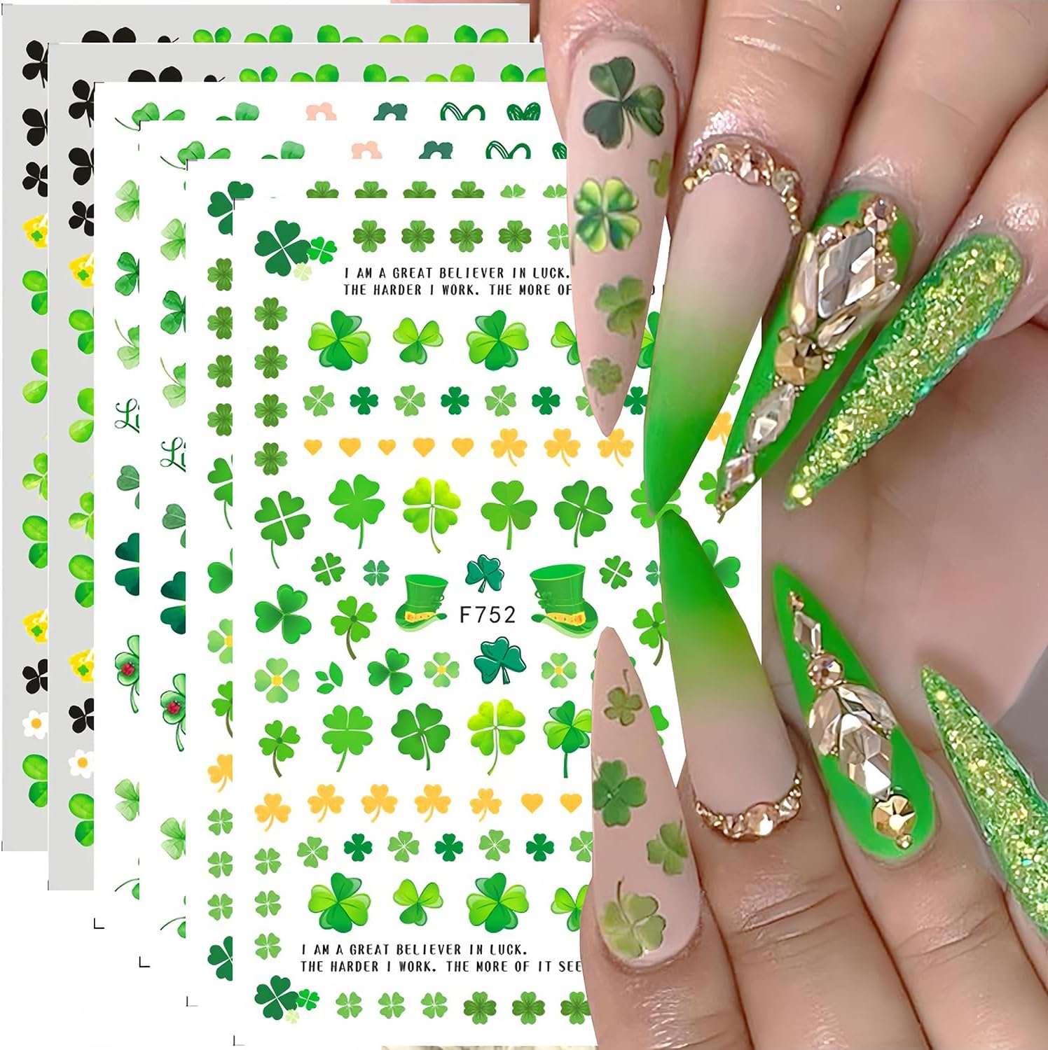6 Sheets St. Patrick's Day Nail Stickers for Nail Art 3D Self-Adhesive Green Shamrock Nail Decals Four Leaf Clover Nail Sticker Holiday Spring Summer Design Manicure Decor for Women and Girls