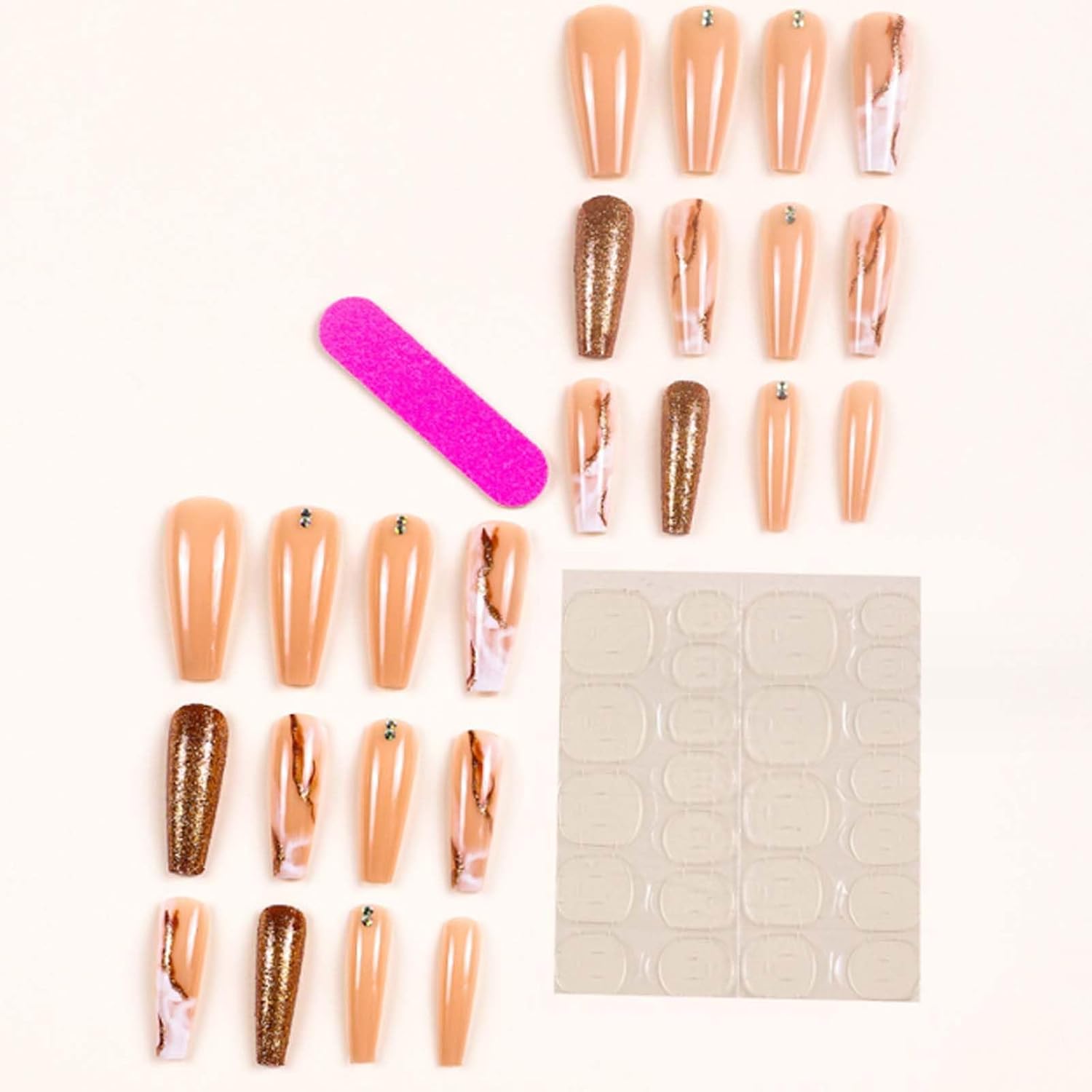 Long Press on Nails Marble False Nails Art Full Cover Acrylic Coffin Orange Fake Nails for Women and Girls 24PCS - Image 3
