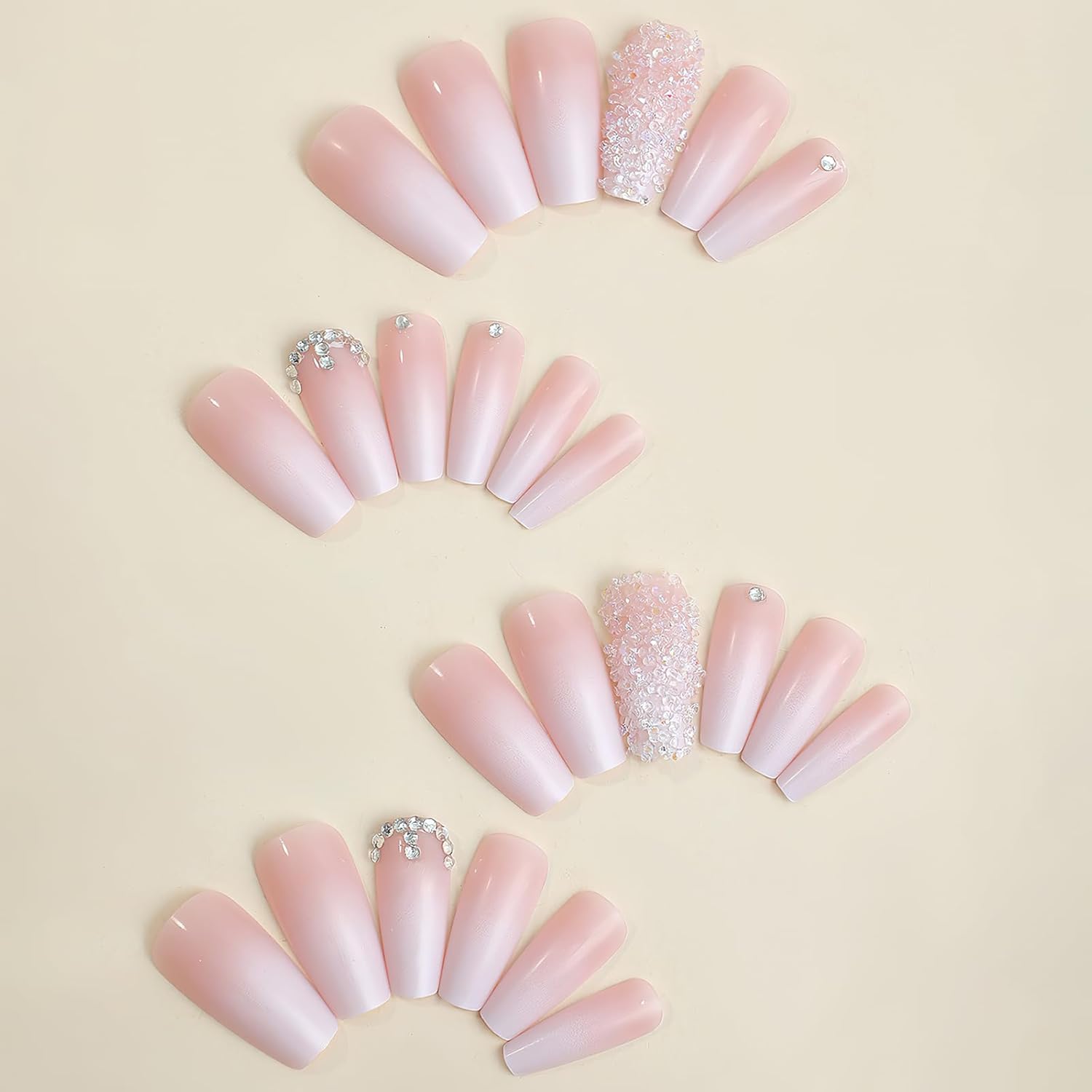 Pink Press on Nails Long Square Coffin Fake Nails Pink White Ombre Full Cover Acrylic Nails Glossy Gradient False Nails with Design Rhinestone Stick on Nails for Women Girls Manicure 24Pcs - Image 4