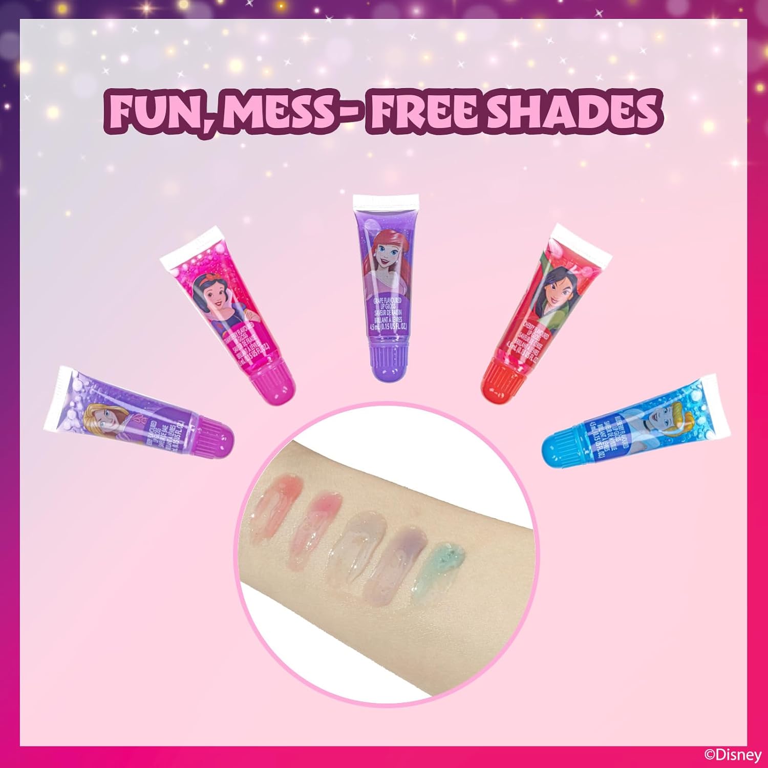 Disney Princess Sparkly Cosmetic Makeup Set for Girls with Lip Gloss Nail Polish Nail Stickers - 11 Pcs|Perfect for Parties Sleepovers Makeovers Birthday Gift for Girls 3+ - Image 8