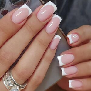 White French Tip Press on Nails Medium Square Fake Nails with Designs Nude Pink False Nails Glossy Full Cover Glue on Nails Cute Acrylic Stick on Nails for Women Manicure