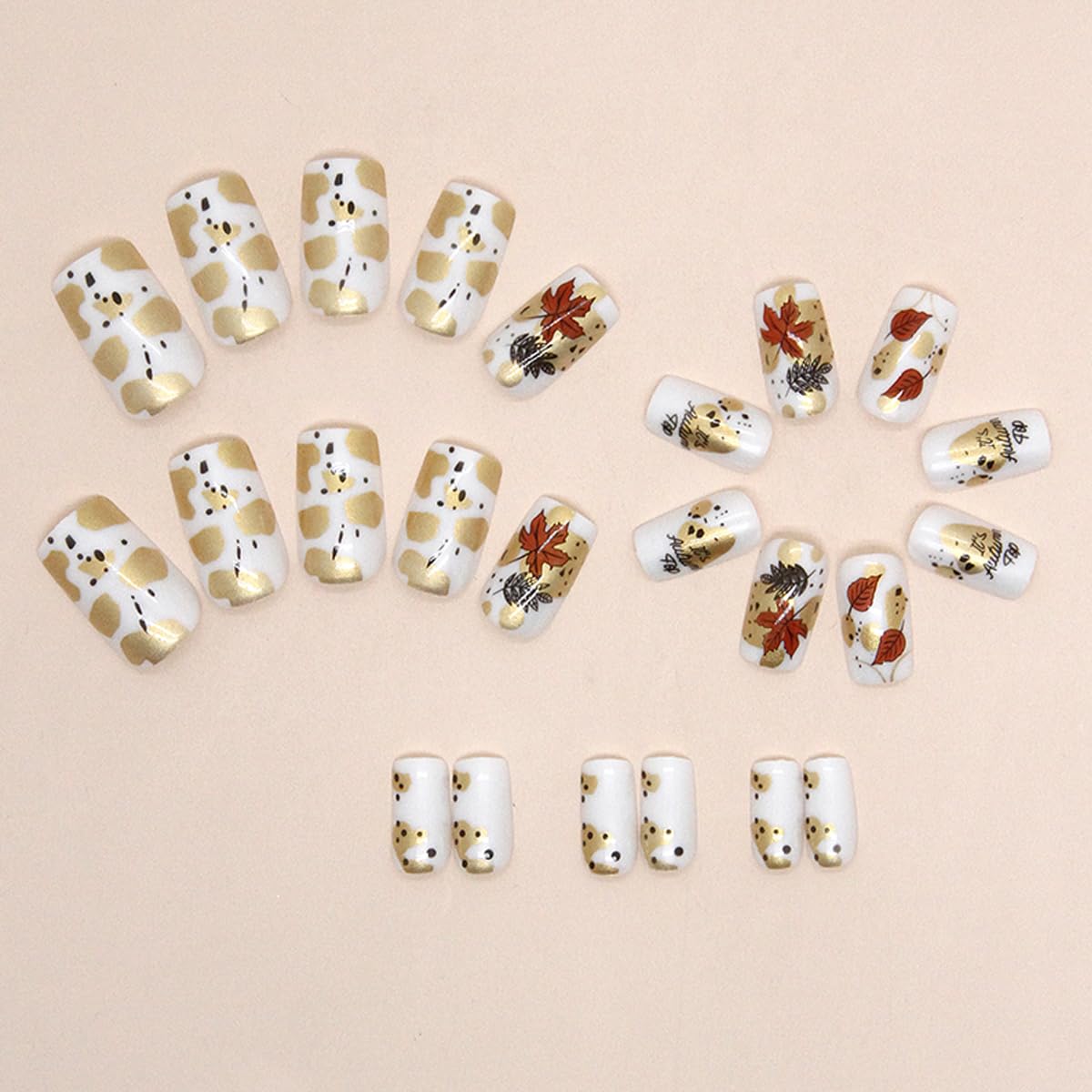 24Pcs Fall Press on Nails Short Maple Leaf and Letter with Designs, Full Cover Fake Nails Glossy Autumn Nail Tips Medium Square Shaped for Women Girls Nails Supplies Thanksgiving Decorations - Image 4