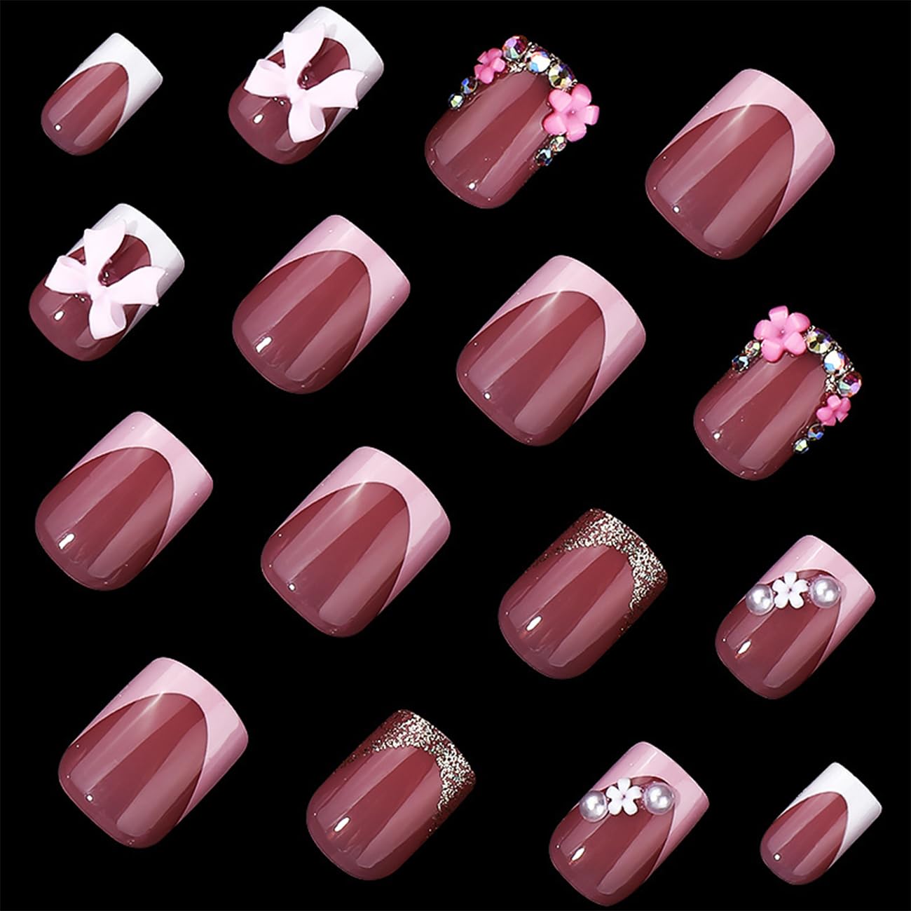 24pcs French Tip Press-On Nails - Short, Charms, Bow, Flower Design, Pink, Cute, Square Shape, Acrylic, Rhinestones - Image 3