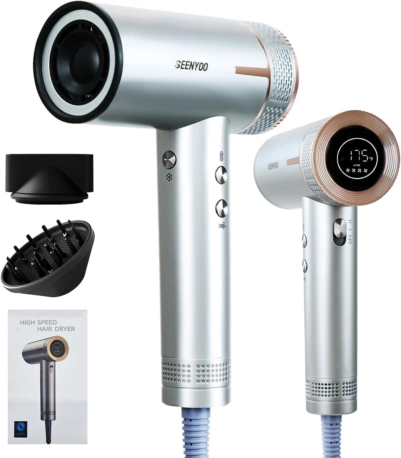 Hair Dryer, Quick Fast Drying 160000 RPM High Speed Ionic Blow Dryer, 2 Speeds & 4 Temps Hair Dryers with HD Display, Low Noise Hair Dryer with Magnetic Nozzle & Diffuser for Home Travel Salon
