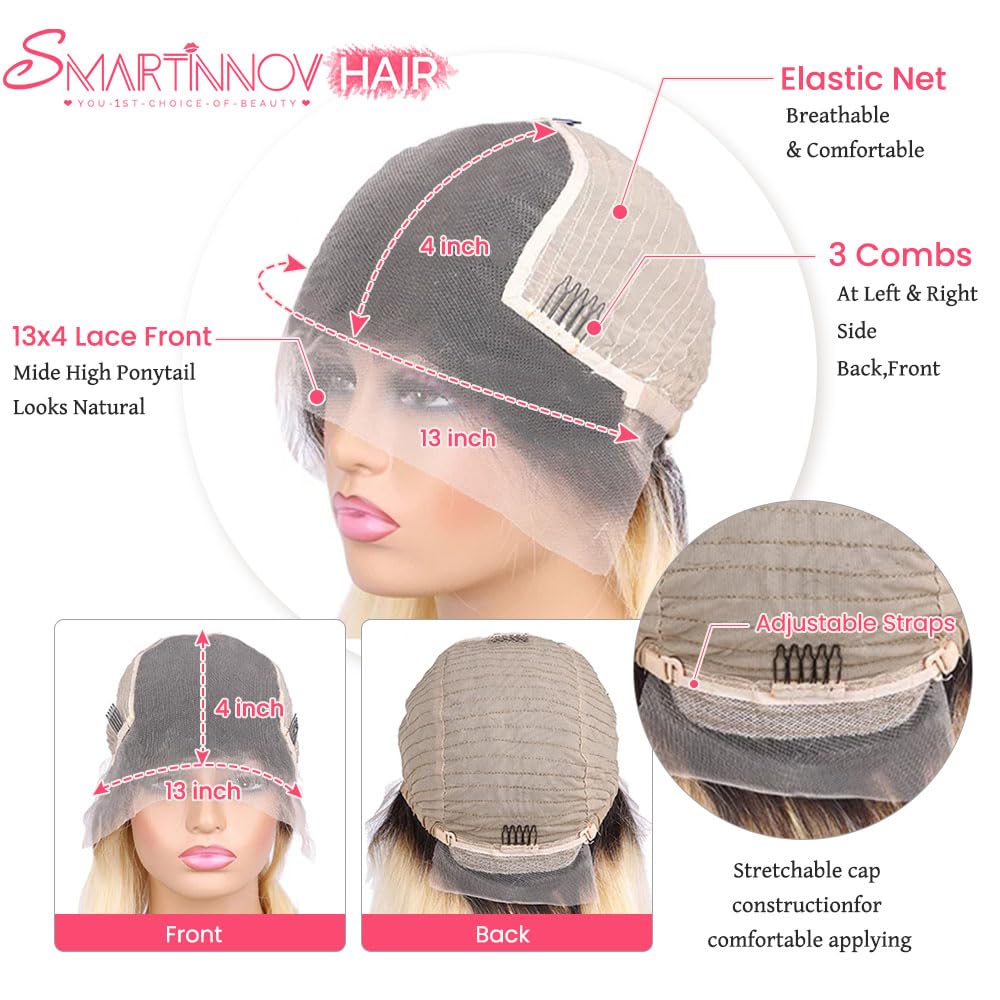 Ombre Blonde Lace Front Human Hair Wig 150% Density 1B613 for Women 13x4 HD Undetectable Melted Lace Frontal Wigs 20Inch Ombre Blonde with Dark Roots Straight Pre Plucked Bleached Knots Wigs - Image 3