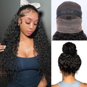 Hidden Strap 360 Full Lace Front Wigs Human Hair Pre Plucked Bleached Knots 180 Density Water Wave HD Lace Frontal Wig with Drawstring Natural Hairline Glueless Wigs for Women(24 inch)