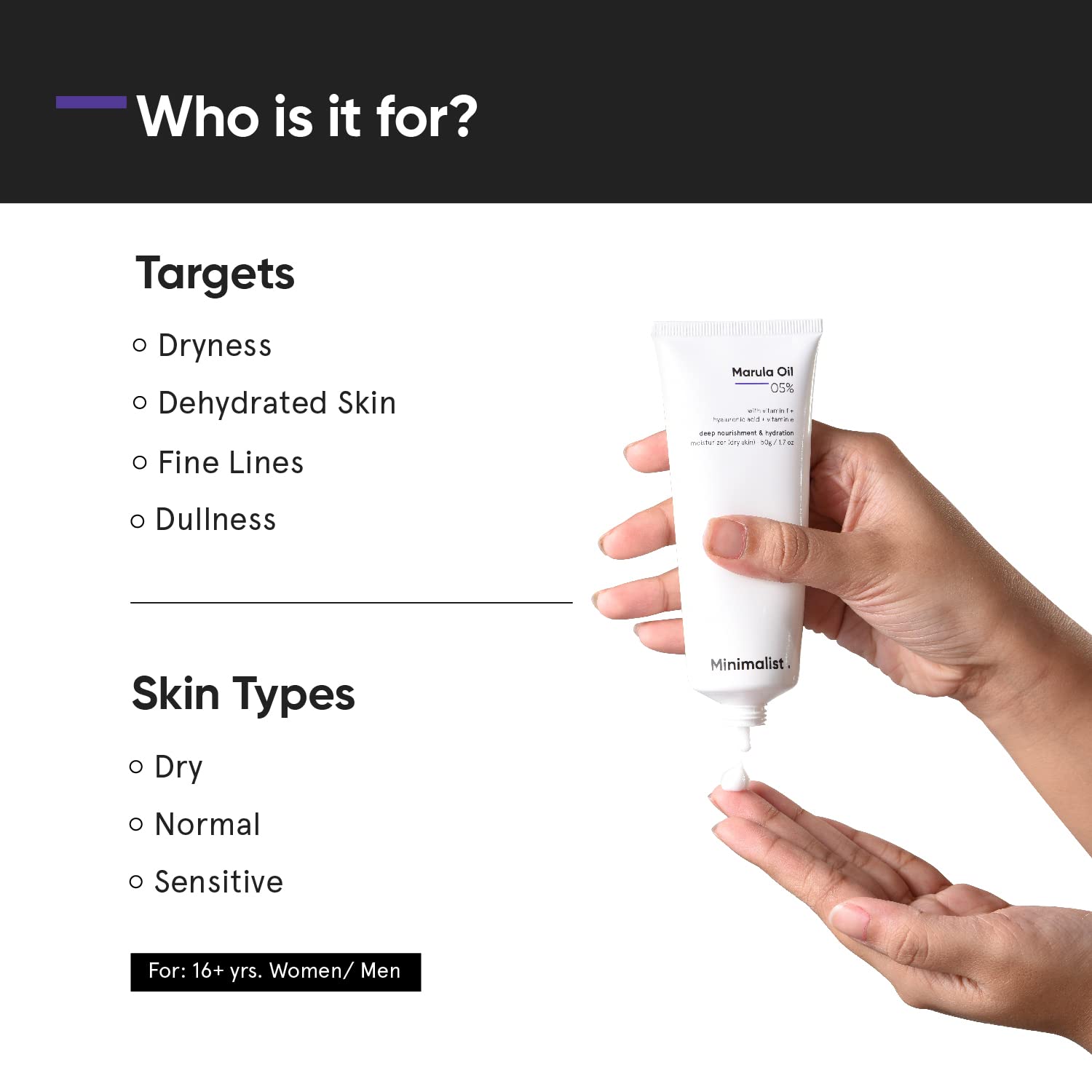 Minimalist Face Moisturizer for Dry Skin | 5% Marula Oil | With Hyaluronic Acid For Deep Nourishment & Hydration | For Women & Men | 1.7 Oz / 50 gm - Image 2
