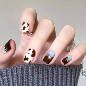 MERVF Short Press on Nails Square Fake Nails Brown Squoval Glue on Nails Press ons with Cow Print Design 24Pcs Glossy Blue Cute Acrylic Nails for Women and Girls
