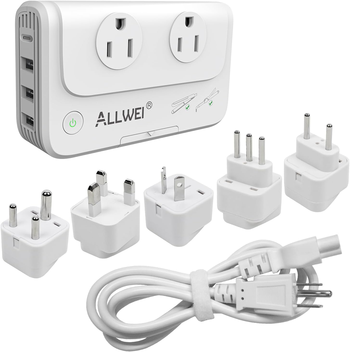 ALLWEI International Travel Adapter 220V to 110V Power Voltage Converter for Hair Straightener/Curling Iron, Universal Power Plug Adapter UK, US, AU, EU, IT, India (White)