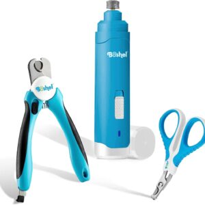 BOSHEL 3-Piece Professional Pet Grooming Tools Set - Include Dog & Cat Nail Clippers with Safety Guards - Rechargeable 2-Speed Pet Nail Grinder - Clippers Feature Razor-Sharp Blades & Comfy Handles