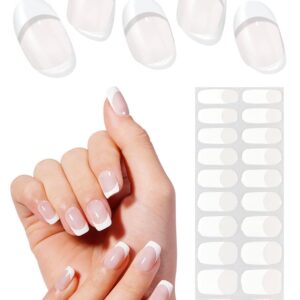 Semi Cured Gel Nail Strips, Classic French, Nude Base 20pcs Gel Nails Sticker for Home Nails DIY