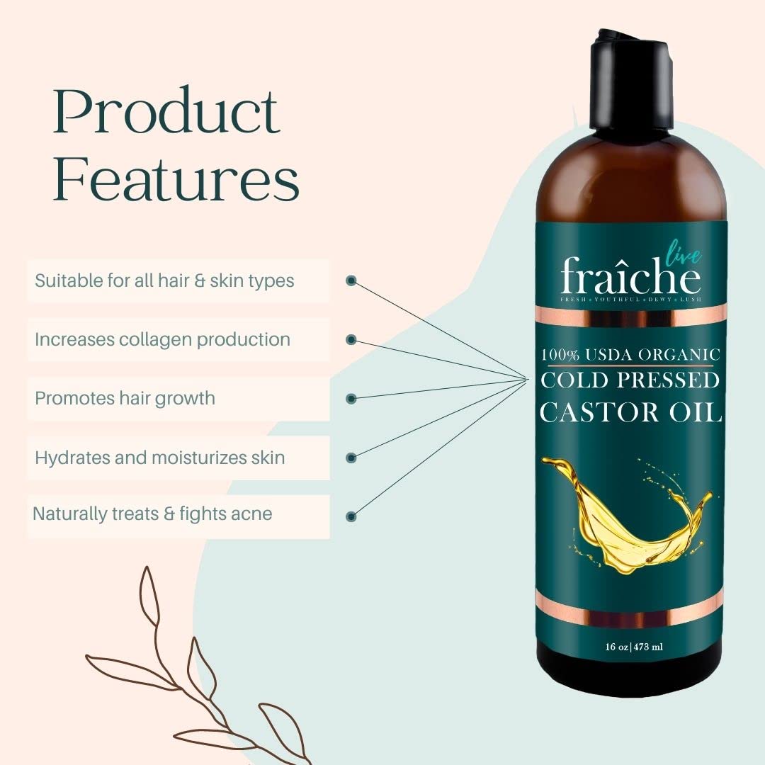 Live Fraiche Organic Castor Oil 16oz Set with Mascara Tube for Hair Growth - Image 3