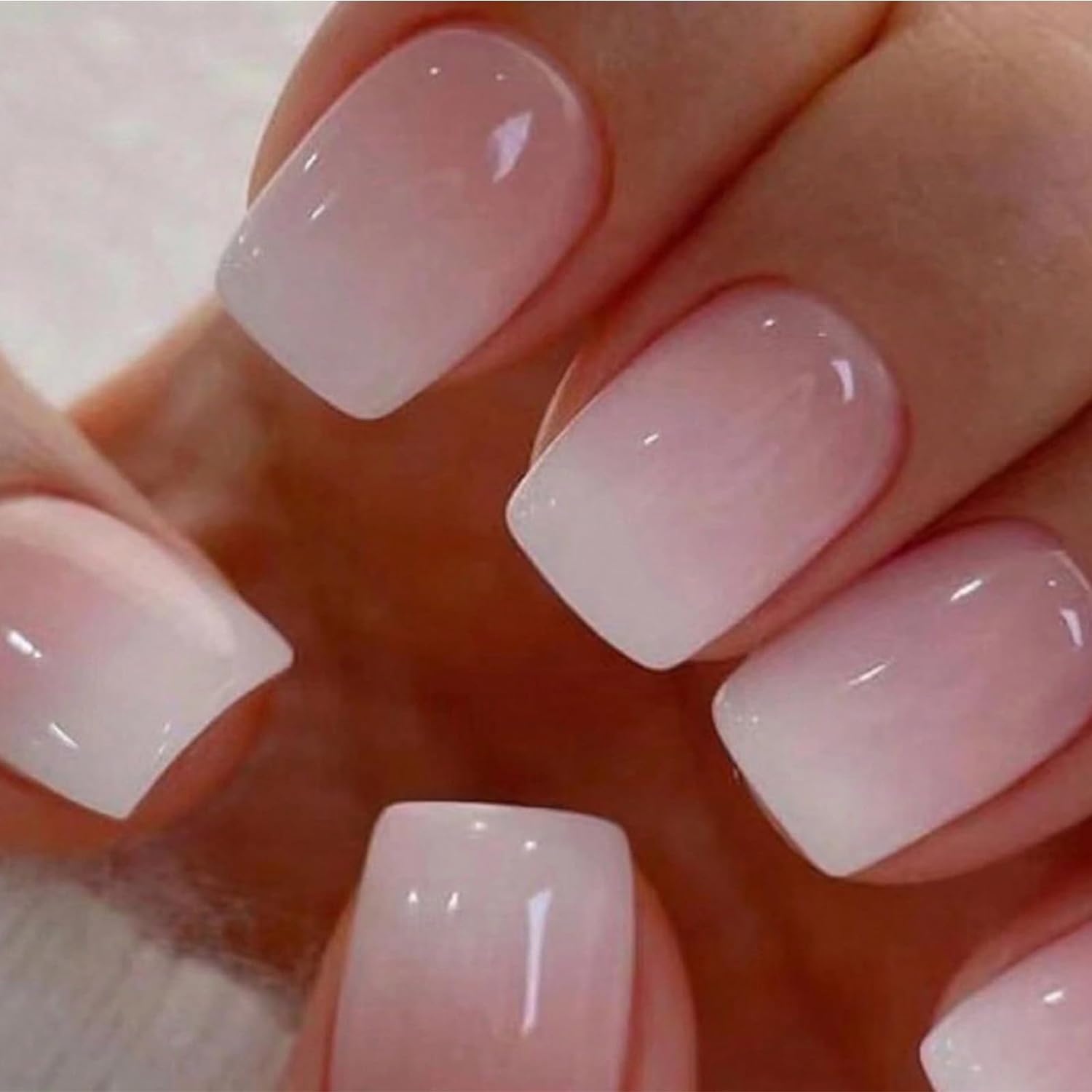 Nails Press ons,White Ombre Short Square Press on Nails Fake Nails Glossy Acrylic Artificial Nails Stick on Nails for Women 24Pcs