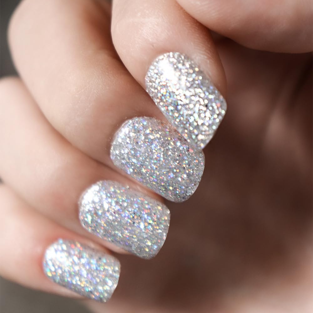 Silver Glitter Press on Nails Short Square Fake Nails Glossy Squoval False Nails with Designs Solid Color Acrylic Nails Set White Glitter Full Cover Glue on Nails for Women Nails Art Decoration 24Pcs - Image 2