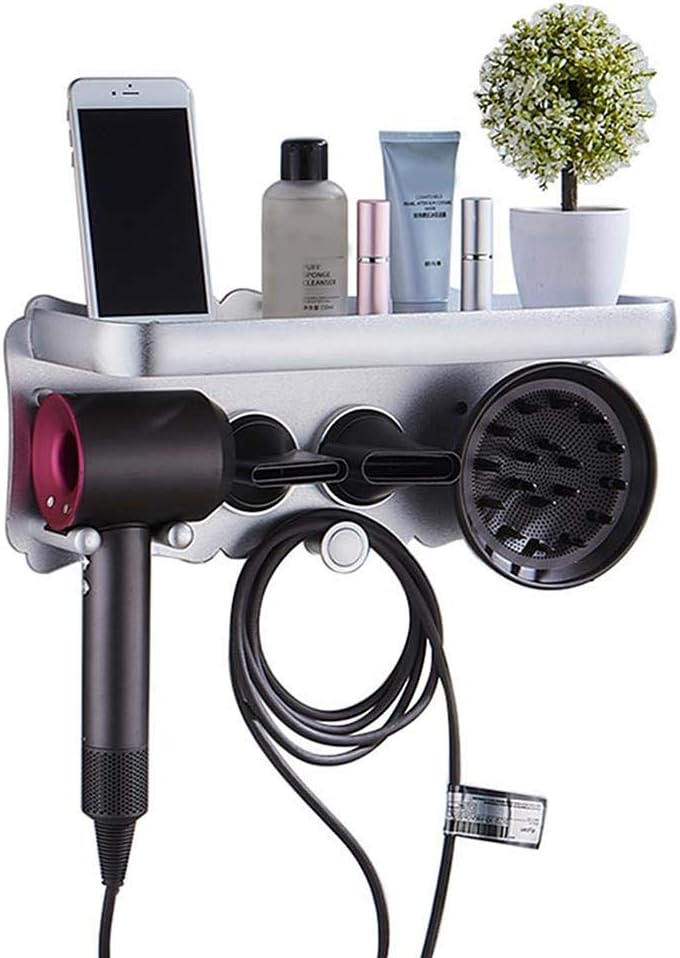 Magik Magnetic Supersonic Hair Dryer Accessories Metal Wall Mount Holder Hanger for Dyson and Other Hair Dryers Bathroom Toothbrush Makeup Cosmetic Shelf Rack Caddy Storage Organizer (Large, Silver)