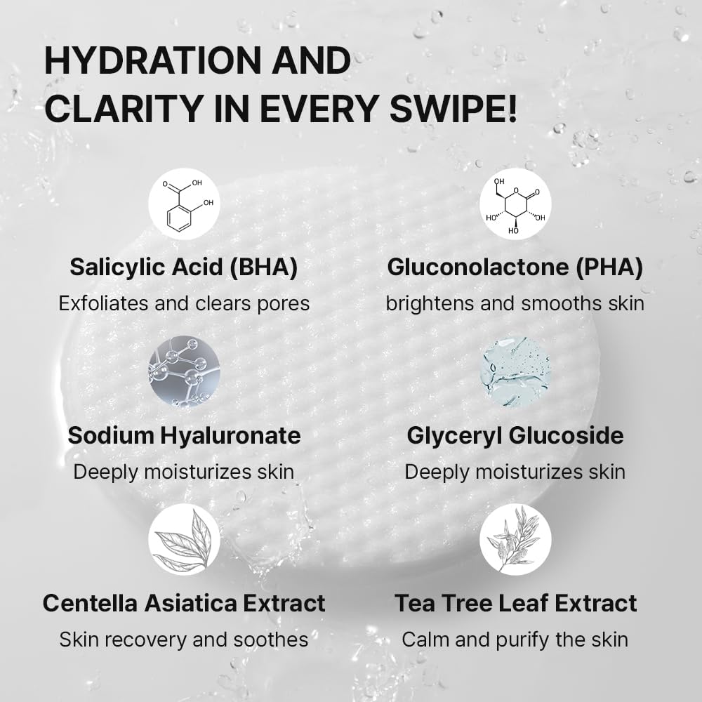 Needly Daily Toner Pad, Exfoliating Facial Pads with BHA & PHA, Deep Hydration, Pore Minimizer for Face, Centella, Tea Tree, High Volume Essence, Extra Large Cotton Pad, Korean Skin Care (60 Pads) - Image 3