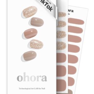 ohora Semi Cured Gel Nail Strips (N Carmel) - Nude, Glitter, Works with Any UV/LED Lamps, Salon-Quality, Long Lasting, Easy to Apply & Remove - Includes 2 Prep Pads, Nail File & Wooden Stick