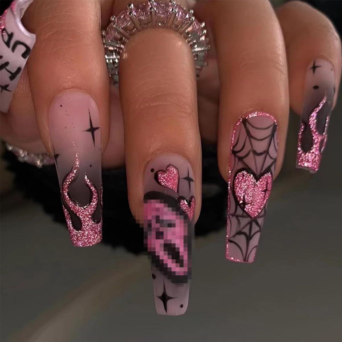 Halloween Press on Nails Long Coffin Fake Nails with Designs Cute Ghost False Nails Heart Flame Spider Skull Glue on Nails Full Cover Suqare Artificial Acrylic Stick on Nails for Women Girls 24 Pcs