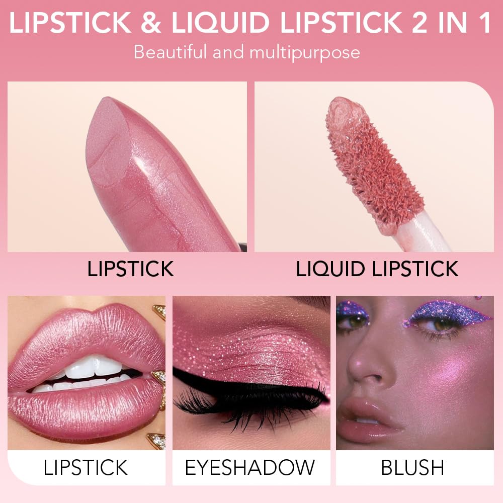 EVPCT 2-in-1 Light Pink Glitter Lipstick & Lip Gloss Set for Women, Waterproof, Long-Lasting - Image 3