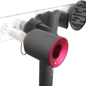 Wall Mount Hair Dryer Holder Compatible with Dyson Supersonic, Hair dryer holder, Acrylic Attachments Organizer with Hooks for Accessories Nozzles, Wide-Tooth Comb, Diffuser (Transparent)
