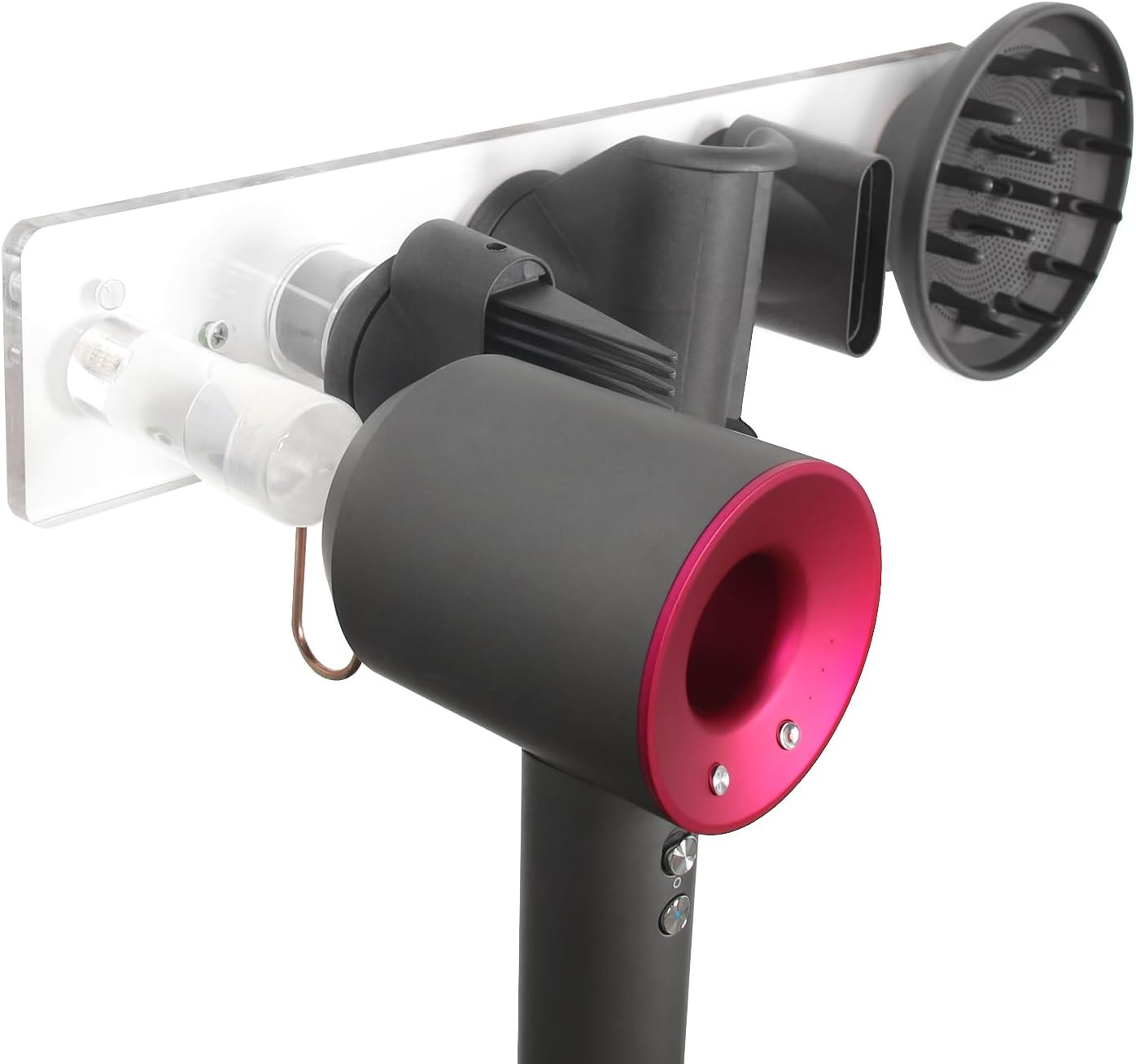 Wall Mount Hair Dryer Holder Compatible with Dyson Supersonic, Hair dryer holder, Acrylic Attachments Organizer with Hooks for Accessories Nozzles, Wide-Tooth Comb, Diffuser (Transparent)